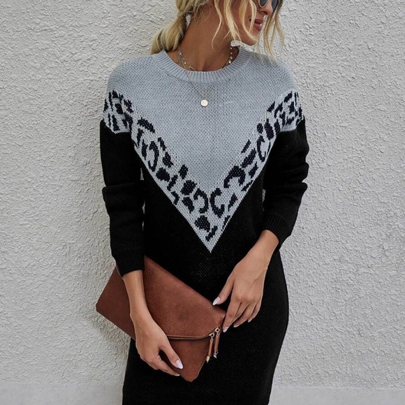Black Grey Oversized Chevron Leopard print Sweater Dress - Picture 3 of 11